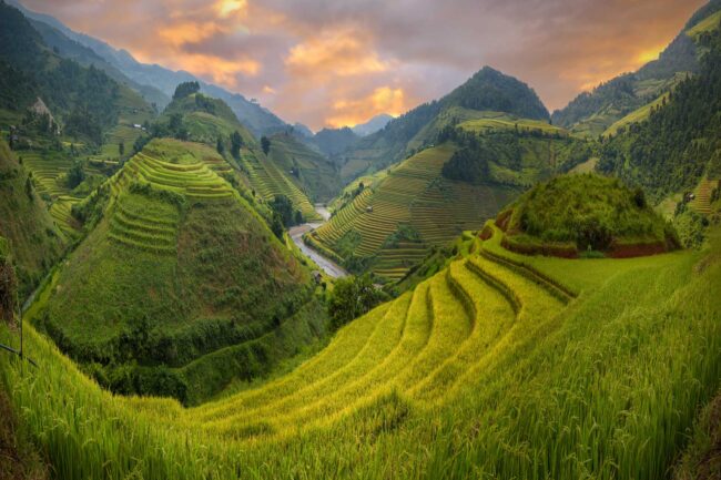 Rice fields of terraced on river at high mountain in twilight