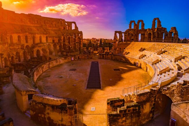 The beautiful amphitheatre in El Djem reminds the Roman Colosseum, and is one of the most popular landmarks in Tunisia.