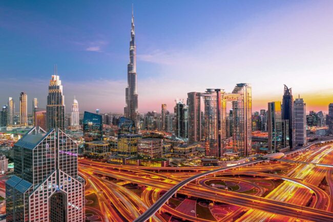Dubai city center skyline - amazing cityscape with luxury skyscrapers at sunrise, United Arab Emirates